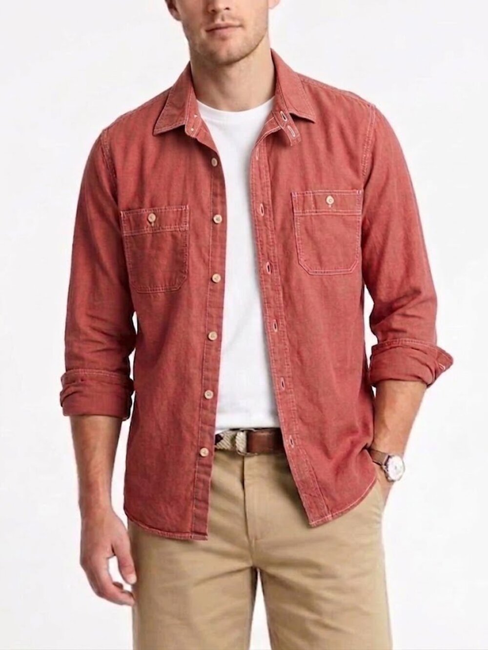 J.Crew Men's Red Chambray Utility Workwear Button Down Shirt Size L